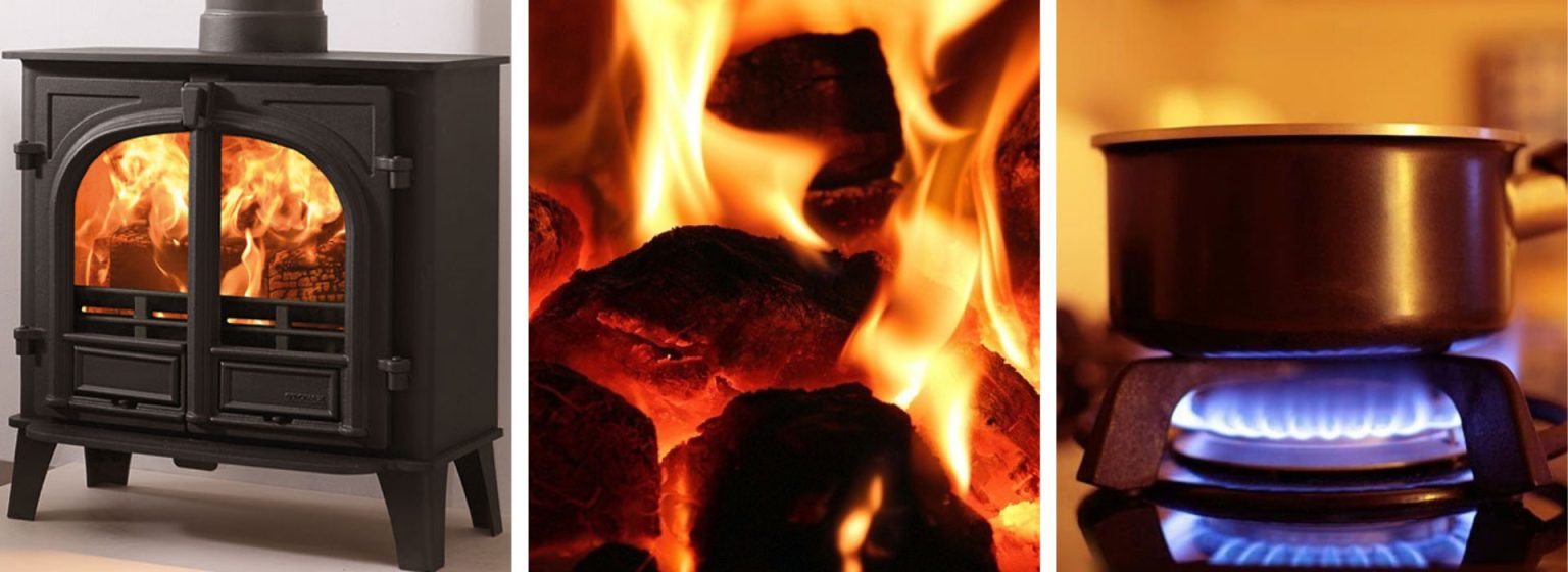 Banner image with log burner, coals burning and a gas cooker ring